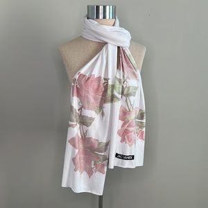 JAC VANEK Rose print long super soft white and pink oblong scarf